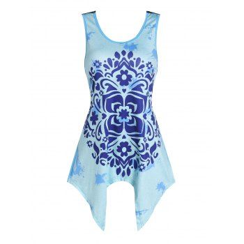 

Flower Print Lace Insert Handkerchief Tank Top, Cornflower blue