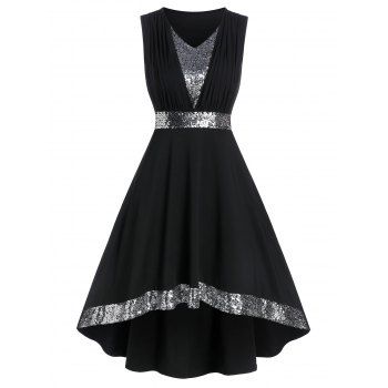 

Sequin Panel Sleeveless High Low Prom Dress, Black