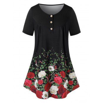 

Plus Size Floral Print Button Placket Short Sleeve T-shirt, Black