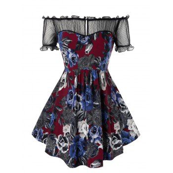 

Plus Size Floral Print Off The Shoulder T Shirt, Red wine