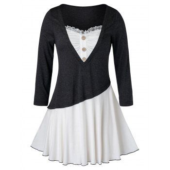 

Plus Size Colorblock Splicing Lace Button T-Shirt, Dark gray