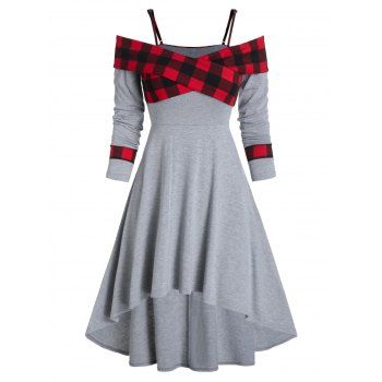 

Plaid Print Open Shoulder Crossover High Low Dress, Red