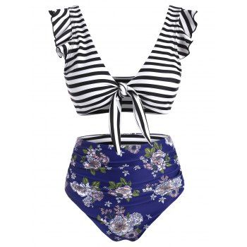 

Ruffle Ruched Tie Front Striped Floral Bikini Swimsuit, Deep blue