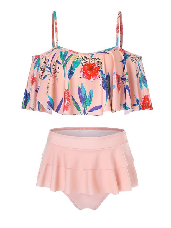 Maillot de Bain Bikini Rembourré Fleur Tropicale Imprimée à Volants - Orange Rose XL