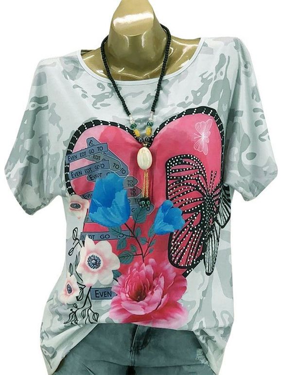 T-shirt Graphique Perlé Papillon Fleuri Imprimé de Grande Taille - Vert clair 5X