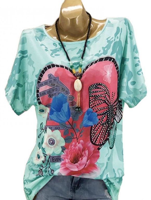 T-shirt Graphique Perlé Papillon Fleuri Imprimé de Grande Taille - Bleu Vert Ara 1X