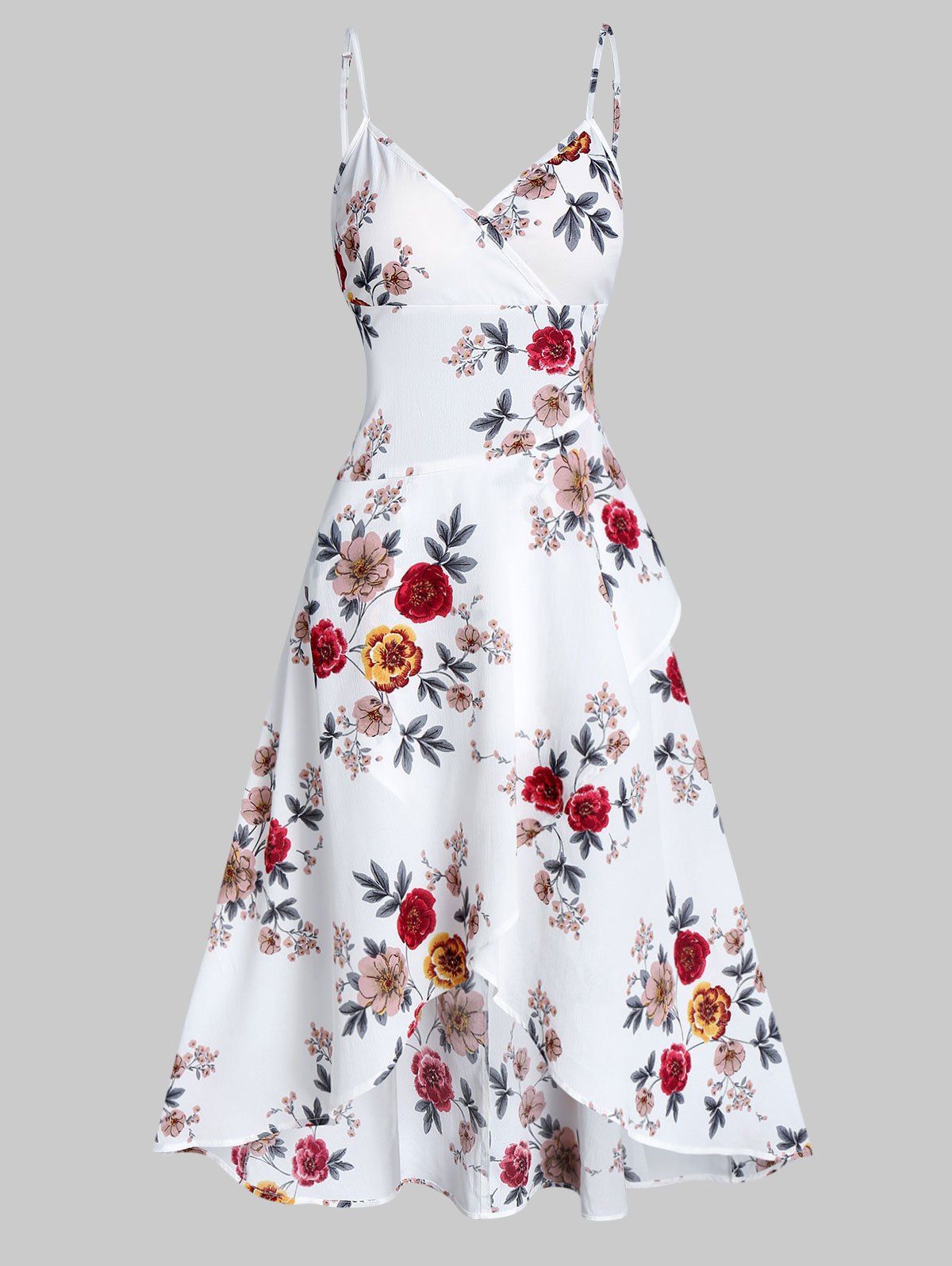 Floral Print Spaghetti Strap High Low Surplice Dress - MILK WHITE M