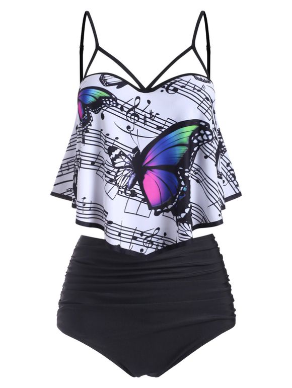 Maillot de Bain Tankini Superposé Papillon Note de Musique à Bretelle à Volants - Noir 2XL