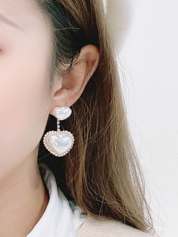 Boucles d'Oreilles Cœur en Fausse Perle avec Strass - Blanc 