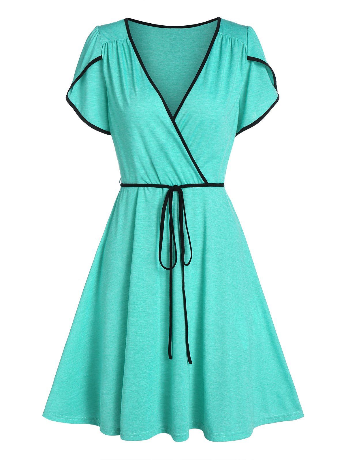Casual Contrast Binding Dress Surplice Plunging Piping String Belted A Line Dress - AQUAMARINE M