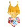 Lace Overlay Flounces Floral Plus Size Tankini Swimsuit - GOLDEN BROWN 2X