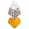 Sunflower Crochet Panel Ruched Halter Tankini Swimsuit - MUSTARD S