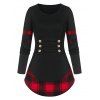 T-shirt à Tartan Inséré avec Bouton à Manches Longues - Noir L