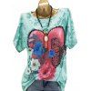 T-shirt Graphique Perlé Papillon Fleuri Imprimé de Grande Taille - Bleu Vert Ara 5X