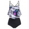 Maillot de Bain Tankini Superposé Papillon Note de Musique à Bretelle à Volants - Noir 2XL