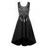 Robe Haute Basse Plume Imprimée de Grande Taille - Noir 2X