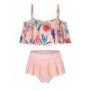Maillot de Bain Bikini Rembourré Fleur Tropicale Imprimée à Volants - Orange Rose M