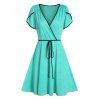 Casual Contrast Binding Dress Surplice Plunging Piping String Belted A Line Dress - AQUAMARINE M