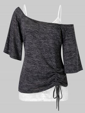 Plus Size Skew Collar Cinched Tee and Lace Cami Top Set