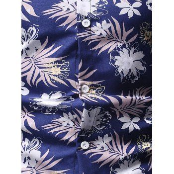 

Floral Leaf Print Button Down Long Sleeve Shirt, Deep blue