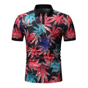 

Maple Leaf Print Half Button Short Sleeve T Shirt, Black