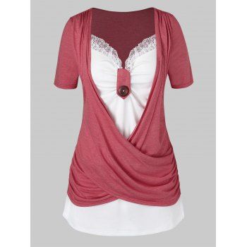 

Plus Size Crossover Knotted Colorblock T Shirt, Light coral