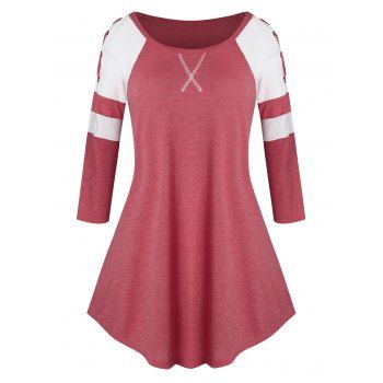 

Plus Size Grommet Lace Up Two Tone Tunic Tee, Red