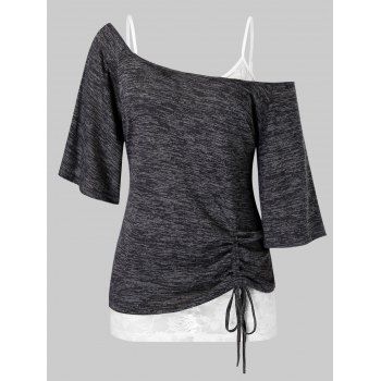 

Plus Size Skew Collar Cinched Tee and Lace Cami Top Set, Dark slate grey