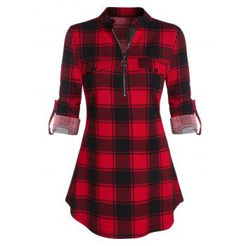 

Plaid Print Cuffed Sleeve Half Zip Curved Hem Mock Pocket Blouse, Red