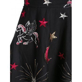 

Unicorn Star Embroidered Sequin Panel Mesh Skater Dress, Black