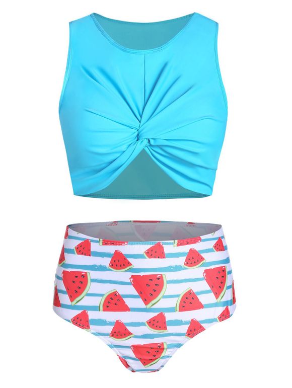 Watermelon Print Front Twist High Waisted Tankini Swimwear - multicolor A M
