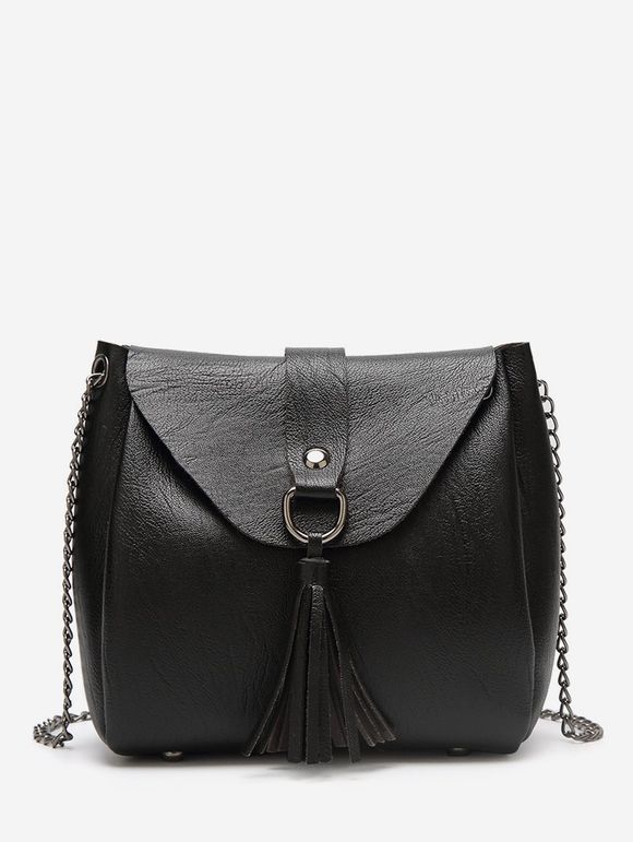 Sac à Bandoulière en Cuir à Rabat à Frange - Noir 