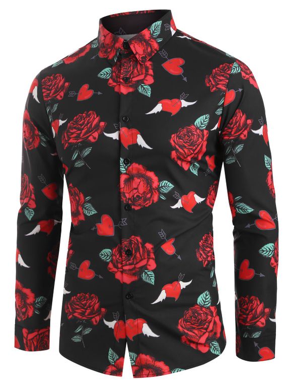 Chemise Motif de Rose et de Cœur à Manches Longues - Noir 2XL