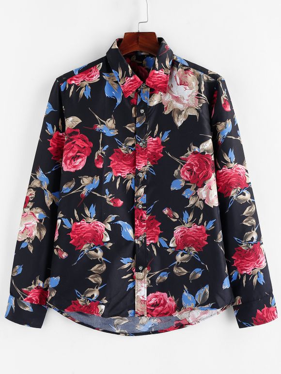 Chemise Boutonnée à Imprimé Rose Fleur Partout à Manches Longues - Noir L