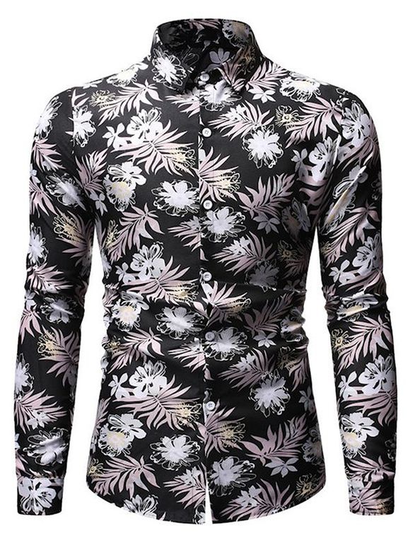 Chemise Boutonnée à Imprimé Fleurie Feuille à Manches Longues - Noir XL