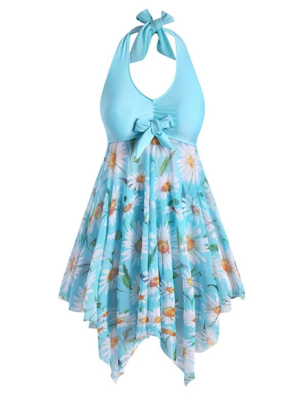 Plus Size Halter Sunflower Print Handkerchief Tankini Swimsuit - DAY SKY BLUE 5X