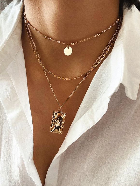 Collier Multicouche Disque Gravé à Chaîne - Or 