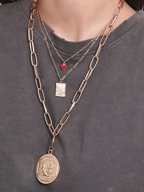 Collier Pendant Superposé Cœur Ange Rond - Or 