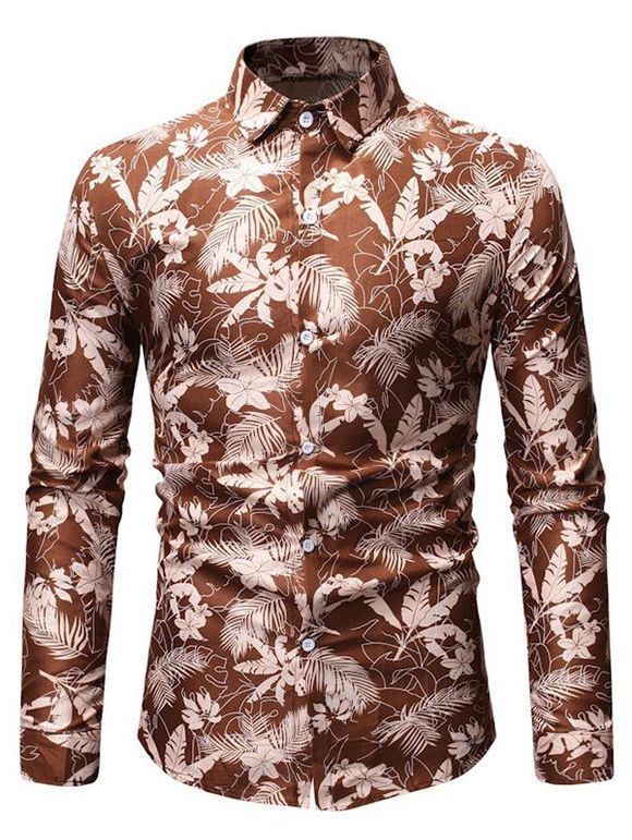Tropical Leaf Print Button Up Long Sleeve Shirt - KHAKI XL