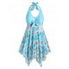 Plus Size Halter Sunflower Print Handkerchief Tankini Swimsuit - DAY SKY BLUE 5X