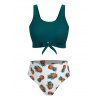 Maillot de Bain Bikini Ananas Imprimé Noué en Avant de Grande Taille - Paon Bleu 2X