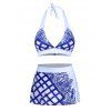 Maillot de Bain Bikini Fleuri Géométrique Imprimé à Volants à Col Halter - multicolor A XL
