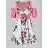 T-shirt Tunique Fleur Imprimée à Epaule Dénudée de Grande Taille à Volants - Rose Pastèque 3X