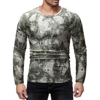 

Vintage Newspaper Print Long-sleeved T-shirt, Camouflage green