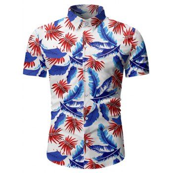 

Tropical Leaf Print Button Up Beach Shirt, White