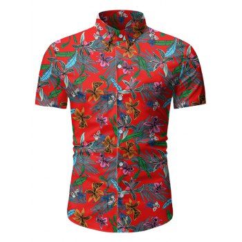 

Tropical Floral Print Button Up Short Sleeve Shirt, Red