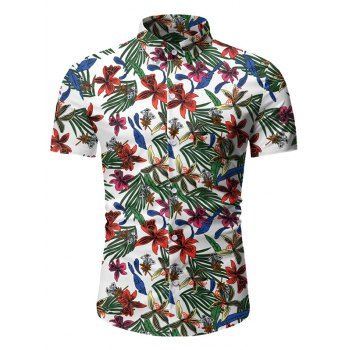 

Tropical Floral Print Button Up Short Sleeve Shirt, White