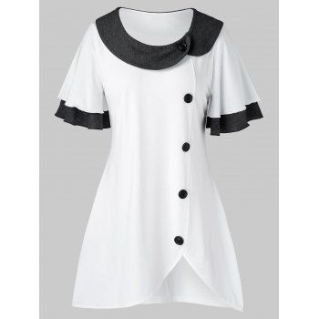 

Plus Size Contrast Trim Buttons Front Slit T Shirt, White