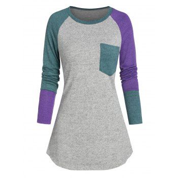 Image of Color-blocking Raglan Sleeve Pocket Tunic Top