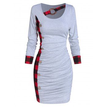 

Plaid Ruched Bodycon Dress, Light gray